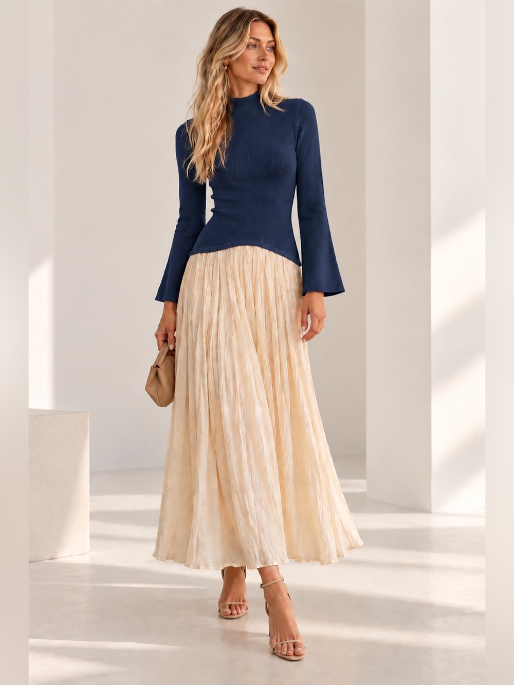 Gorgeous Tuckernuck x Moon River Dusty Blue and Cream Shirred Mock Neck Dress
